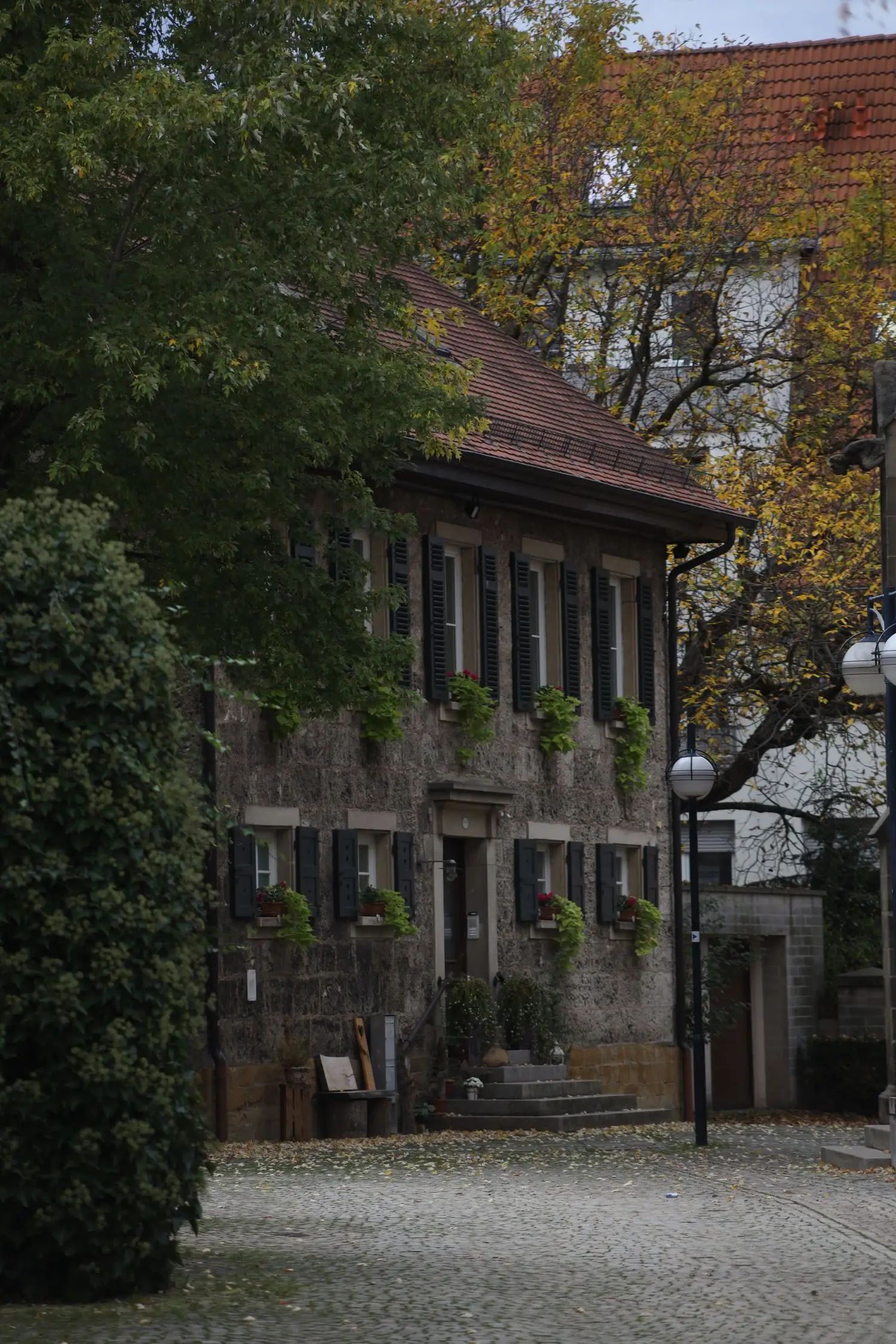 Grüner Innenhof mit historischer Fassade